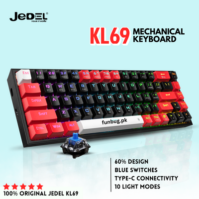 Jedel KL69 60% mechanical keyboard red and black with blue switch – FunBug keyboard in Pakistan