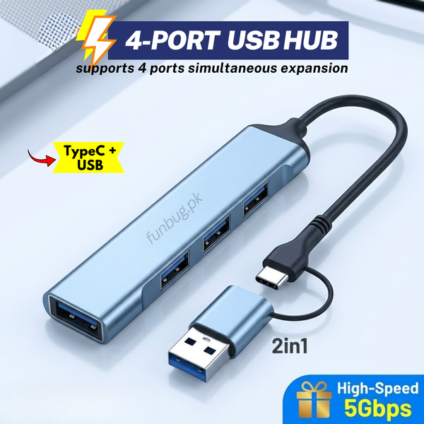 4 Port Aluminium USB Hub with Type C & USB Plug