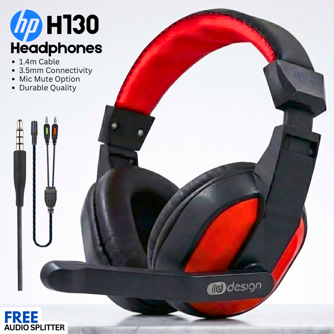 H130 Wired Headphones - 3.5mm Single Pin - Red&Black