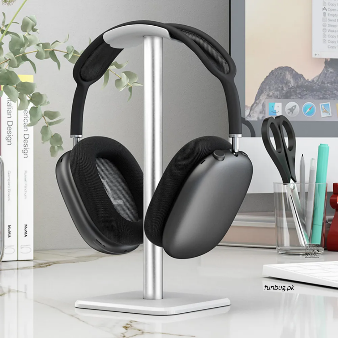 Headphone stand holding a gaming headset on a clean desk setup — FunBug Pakistan