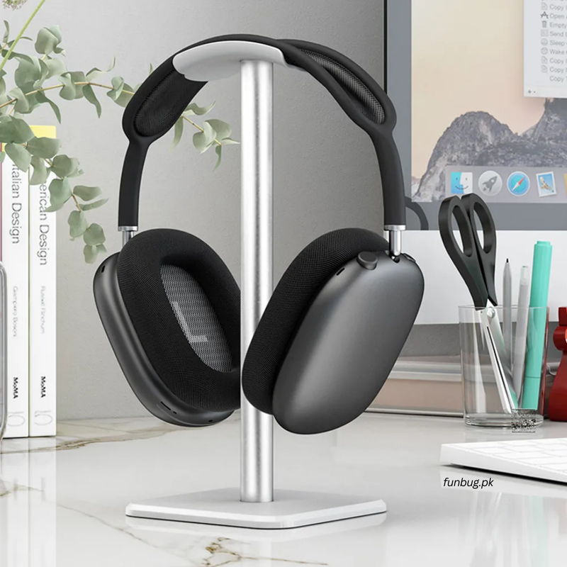 Headphone stand holding a gaming headset on a clean desk setup — FunBug Pakistan