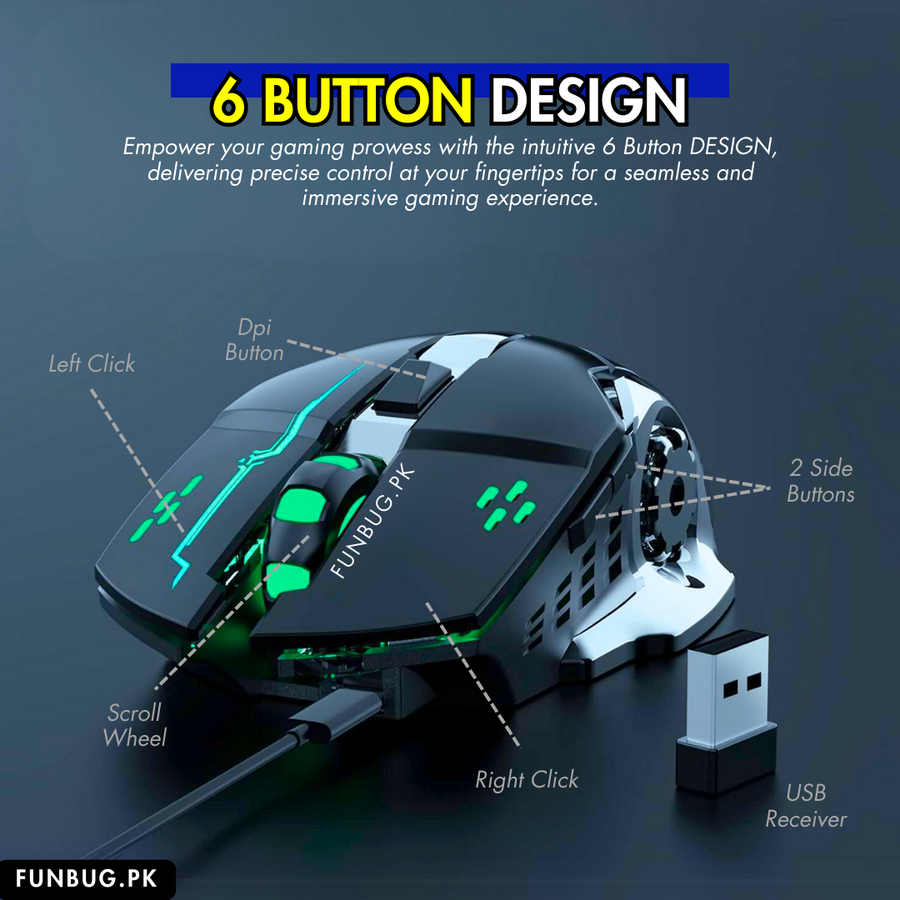 Rechargeable Wireless Mouse - 600mAh, 6 Buttons, 3200DPI – FunBug gaming mouse in Pakistan
