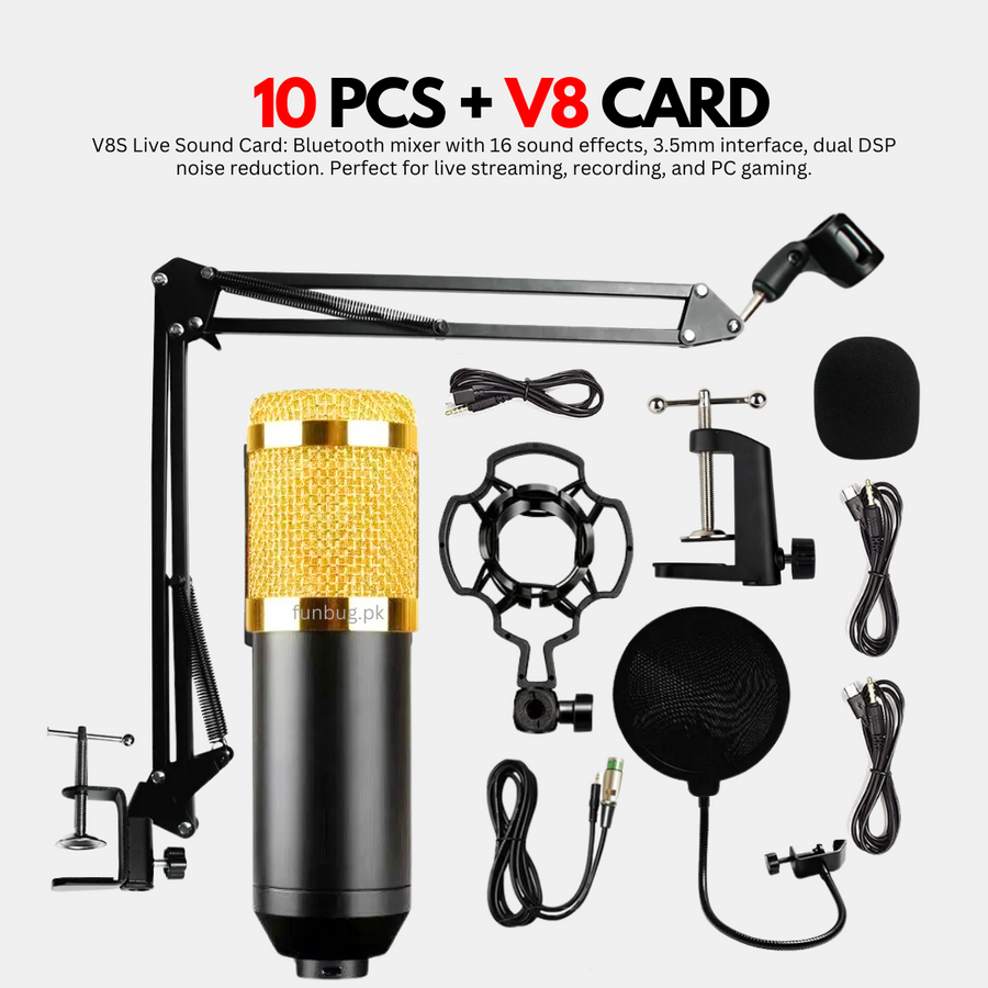 Original BM800 Condenser Microphone Kit with V8 Live Sound Card – FunBug microphone in Pakistan