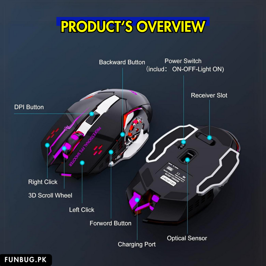 Rechargeable Wireless Mouse - 600mAh, 6 Buttons, 3200DPI – FunBug gaming mouse in Pakistan