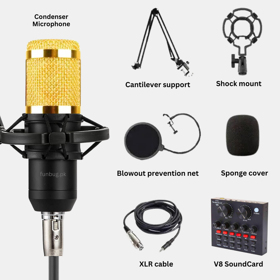 Original BM800 Condenser Microphone Kit with V8 Live Sound Card – FunBug microphone in Pakistan