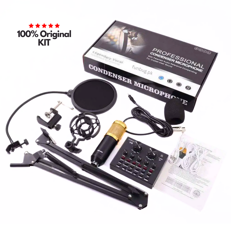 Original BM800 Condenser Microphone Kit with V8 Live Sound Card – FunBug microphone in Pakistan