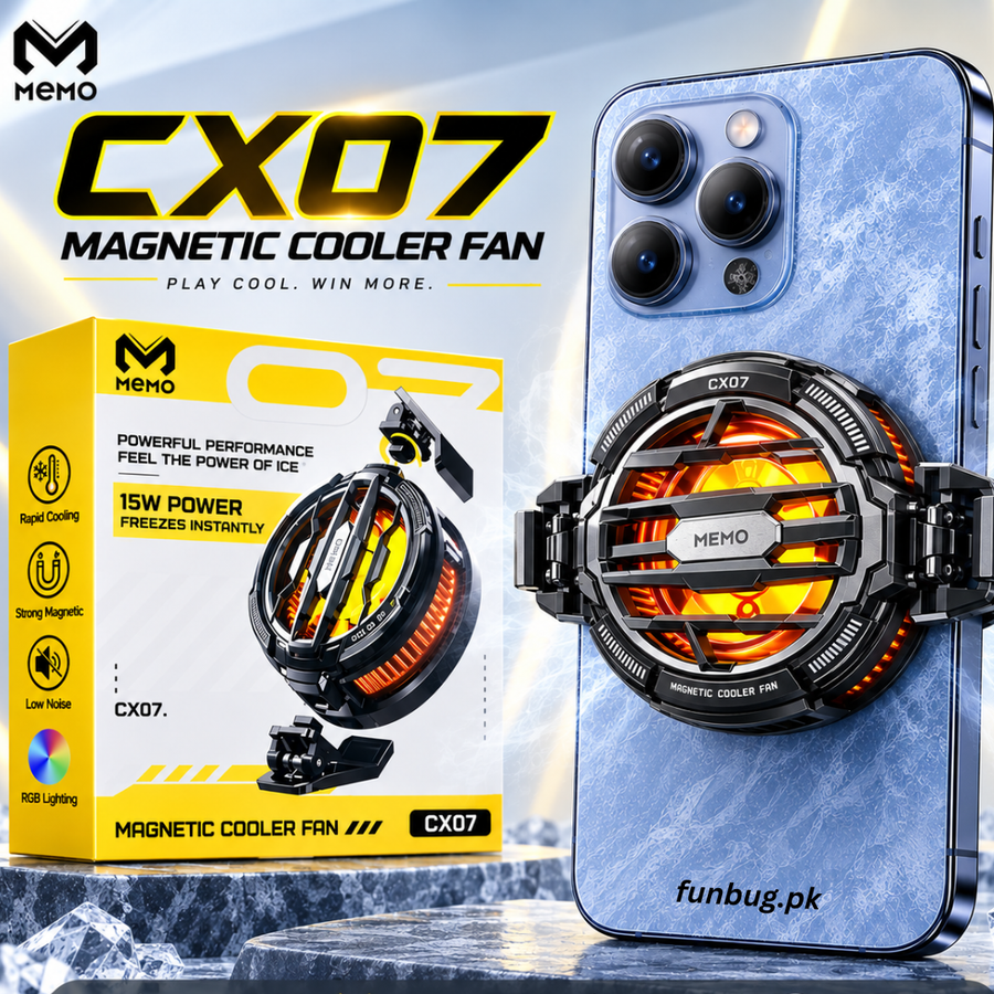 MEMO CX07 magnetic phone cooler fan on an iPhone with its box – FunBug phone cooler in Pakistan