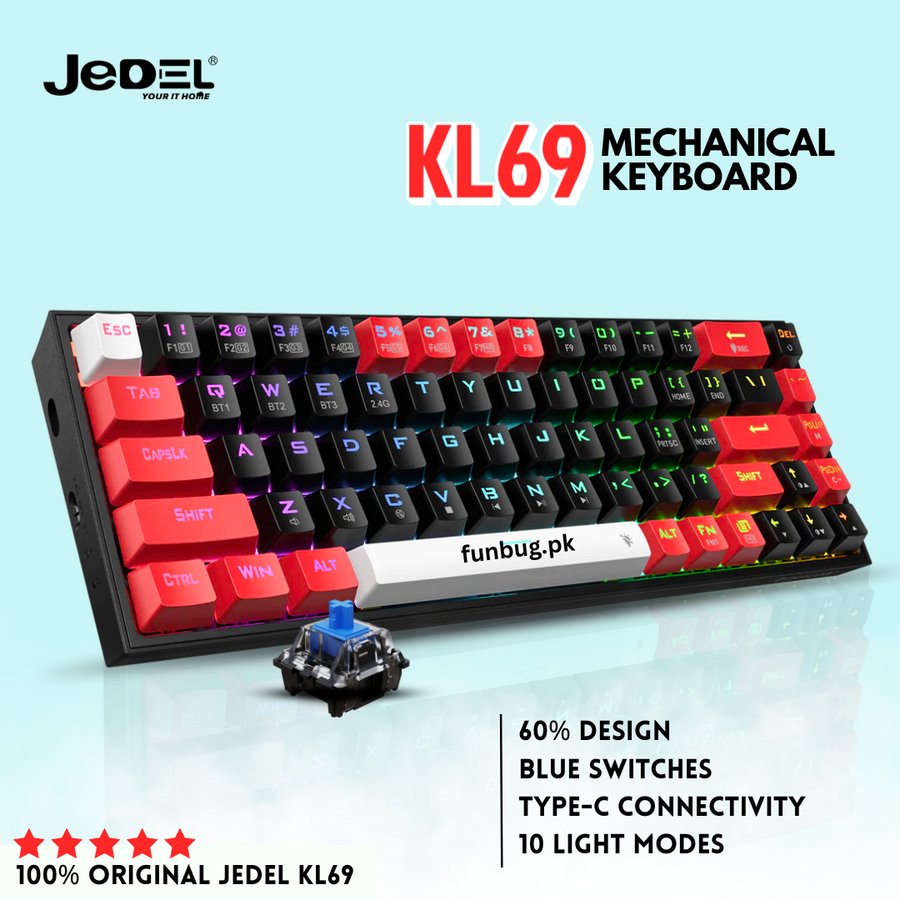 Jedel KL69 60% mechanical keyboard red and black with blue switch – FunBug keyboard in Pakistan