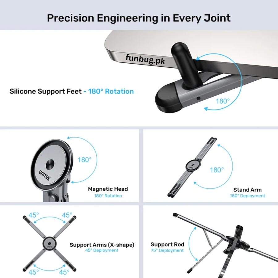 L01 stand joints, rotating magnetic head and silicone feet – FunBug laptop stand in Pakistan