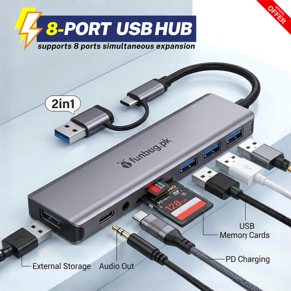 8 in 1 USB Hub with Type C & USB Plug, SD Card Reader & Audio