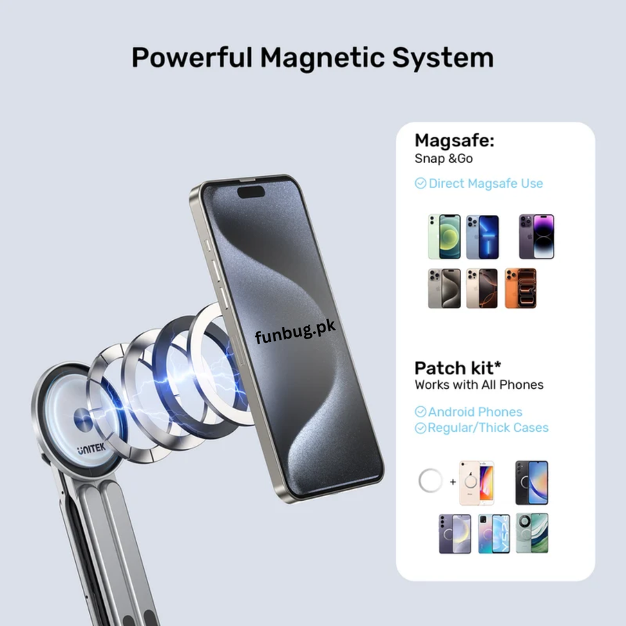 L01 magnetic stand head snapping onto an iPhone with MagSafe or a metal ring – FunBug laptop stand in Pakistan