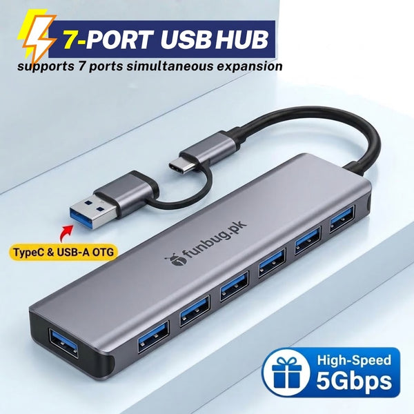 7 Port Aluminium USB Hub with Type C & USB Plug