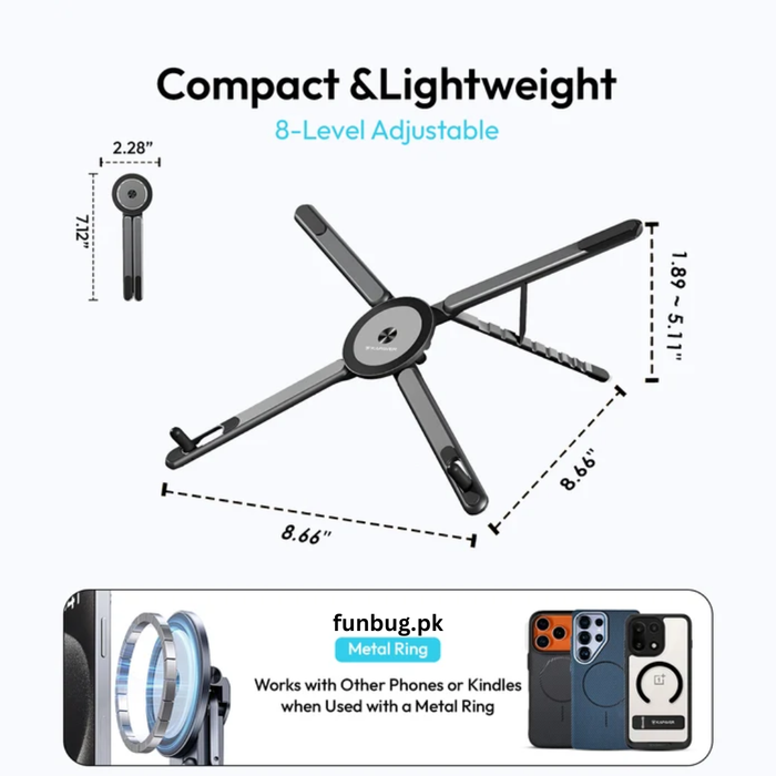 L01 magnetic foldable laptop stand folded and opened with size diagram – FunBug laptop stand in Pakistan