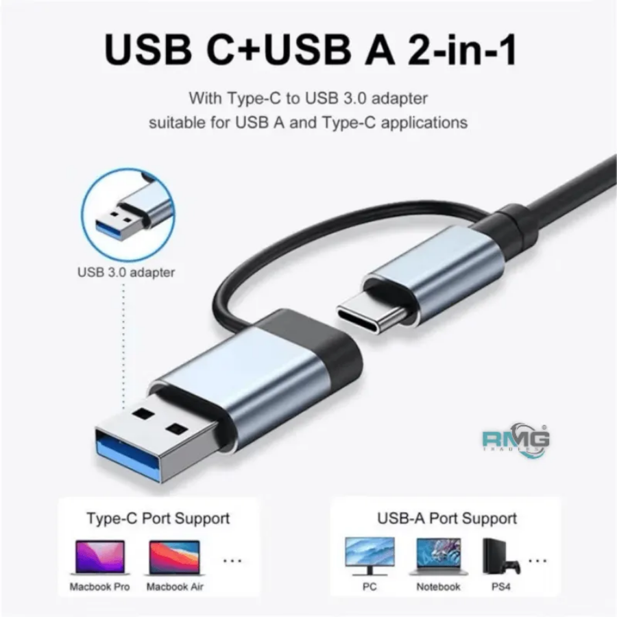 4 Port Aluminium USB Hub with Type C & USB Plug