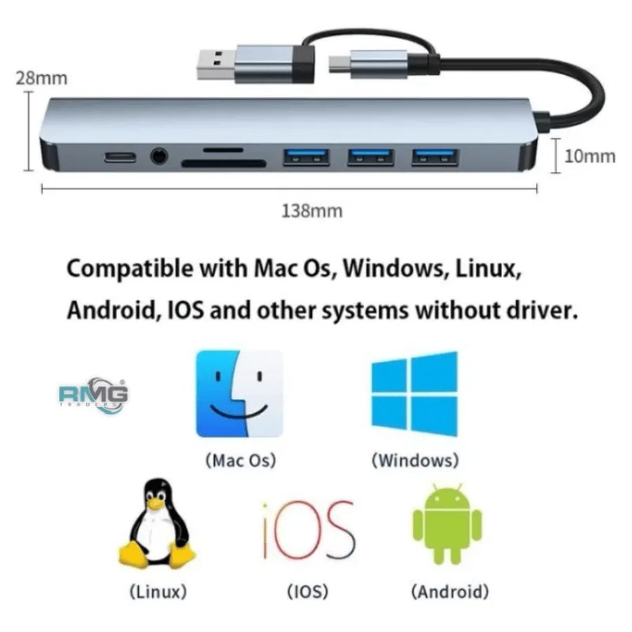8-in-1 USB Hub size 138 x 28 x 10mm and compatible systems – FunBug USB hub in Pakistan