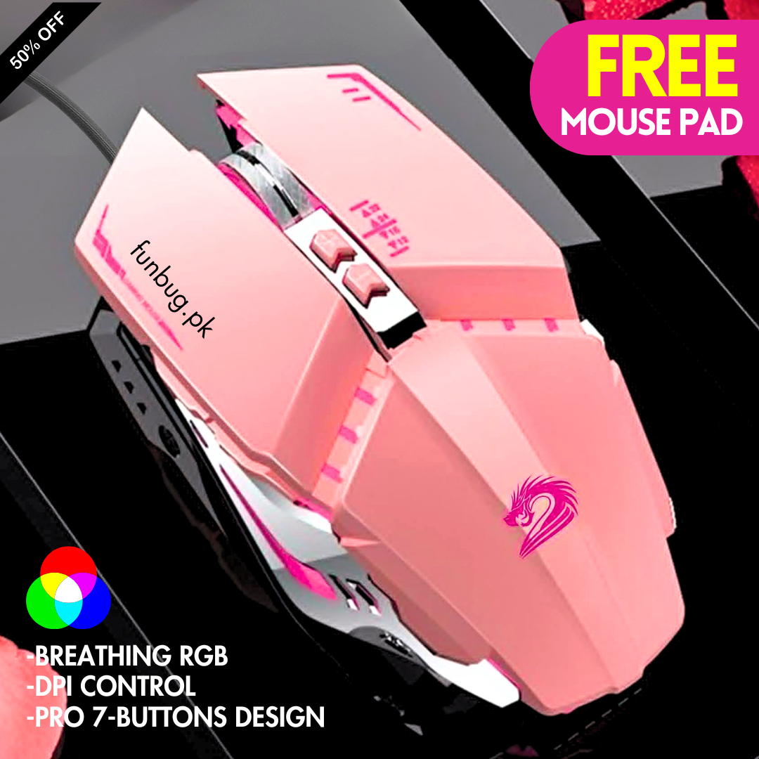 Pink Wired Gaming Mouse with 8 Buttons, Rgb