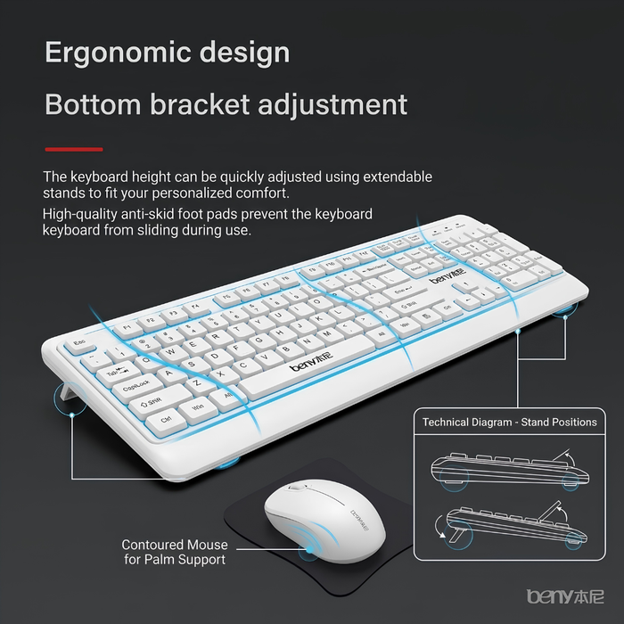 Beny BM900 keyboard fold-out feet and anti-skid pads for adjustable height – FunBug keyboard in Pakistan
