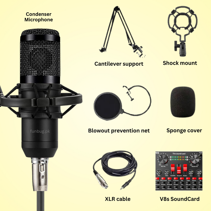 Original BM800 Condenser Microphone Kit with Upgraded V10 Sound Card – FunBug microphone in Pakistan