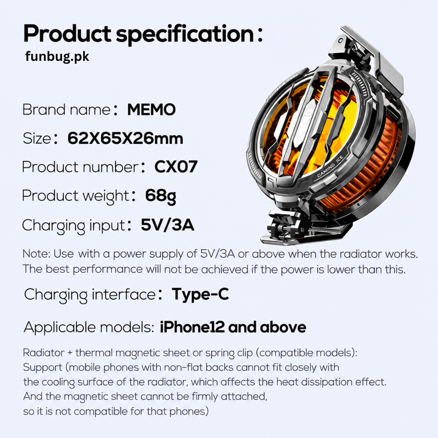 MEMO CX07 specifications: 62×65×26mm, 68g, Type-C 5V/3A, iPhone 12 and newer – FunBug in Pakistan