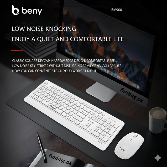 Beny BM900 low-noise white keyboard and mouse on a home office desk – FunBug in Pakistan