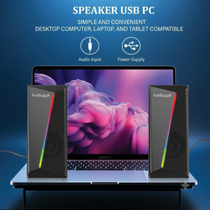 SX-SP03 USB-powered speakers with 3.5mm audio input beside a laptop – FunBug in Pakistan