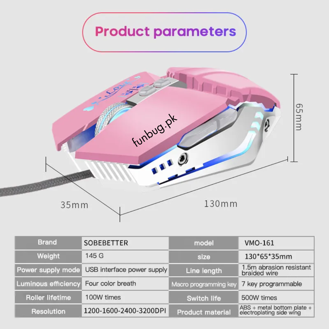 Pink Wired Gaming Mouse with 8 Buttons, Rgb