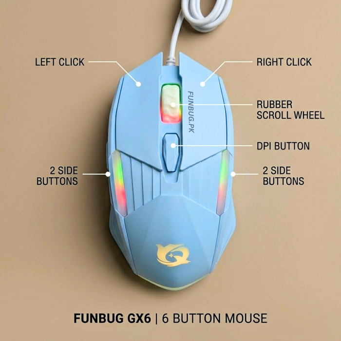 FunBug GX6 RGB Gaming Mouse – Sky Blue & Rose Gold – FunBug gaming mouse in Pakistan