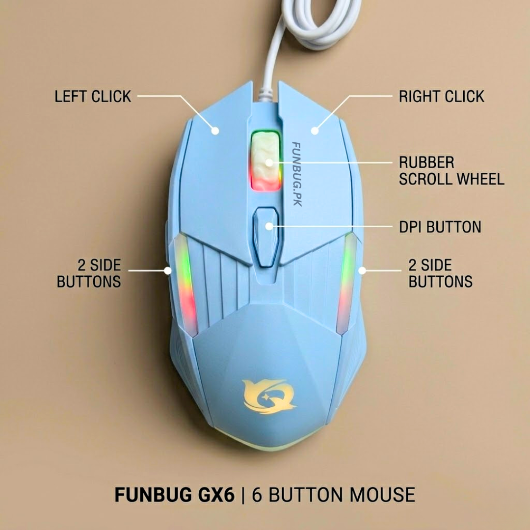 FunBug GX6 RGB Gaming Mouse – Sky Blue & Rose Gold
