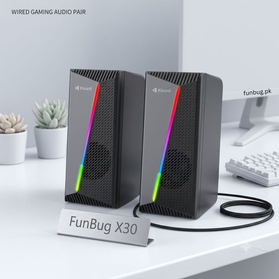 SX-SP03 RGB speakers on a white desk setup – FunBug in Pakistan