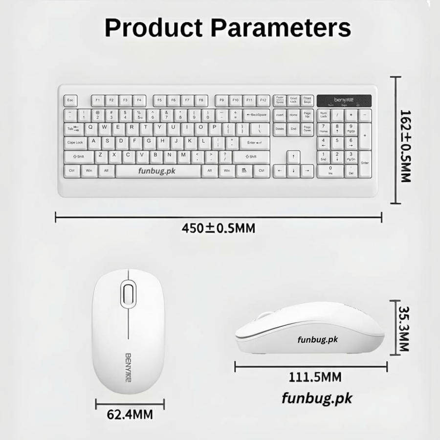 Beny BM900 keyboard 450 × 162 mm and mouse 111.5 × 62.4 mm size chart – FunBug in Pakistan