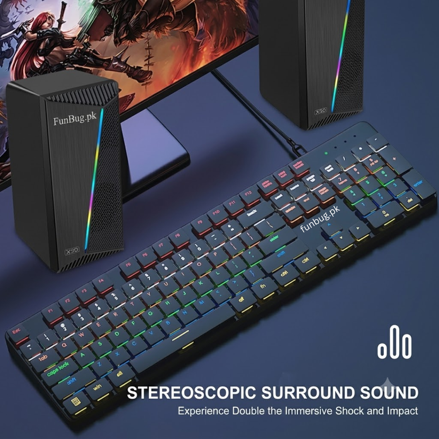 SX-SP03 RGB speakers in a PC gaming setup with monitor and keyboard (keyboard not included) – FunBug in Pakistan