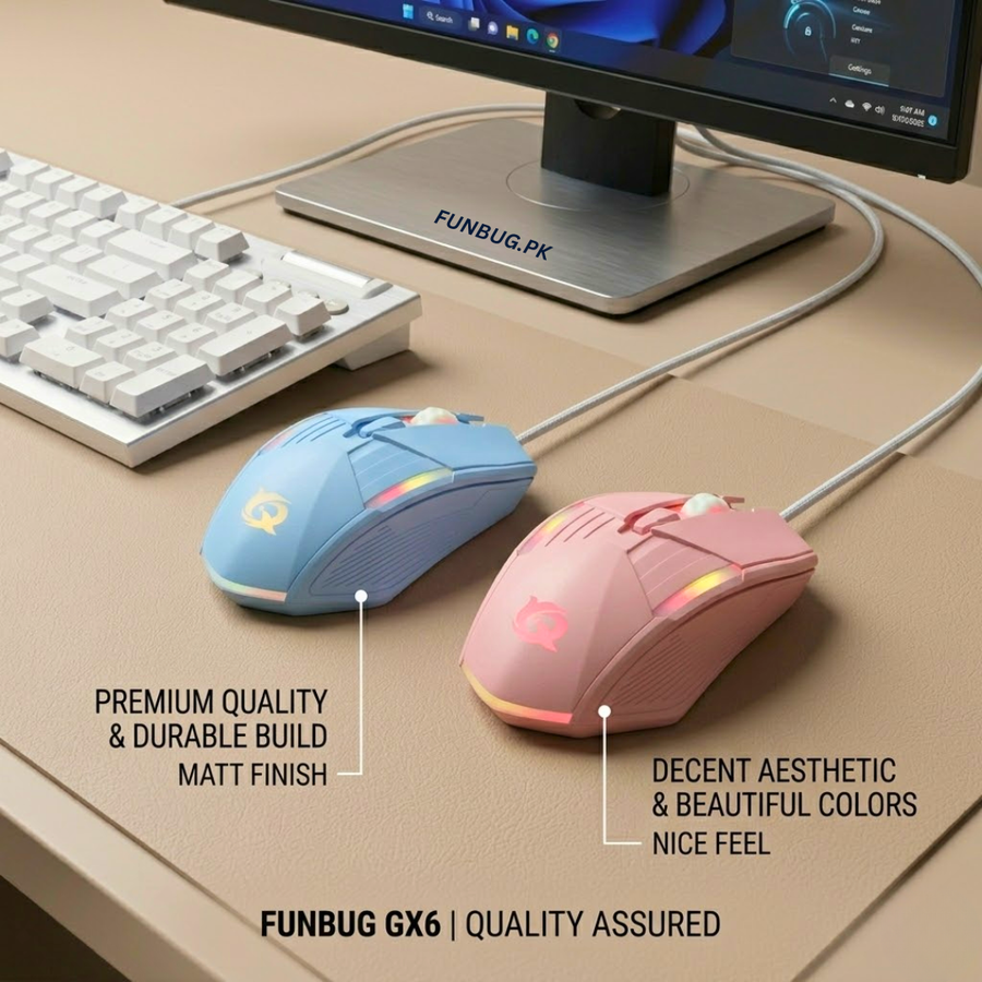 FunBug GX6 RGB Gaming Mouse – Sky Blue & Rose Gold – FunBug gaming mouse in Pakistan