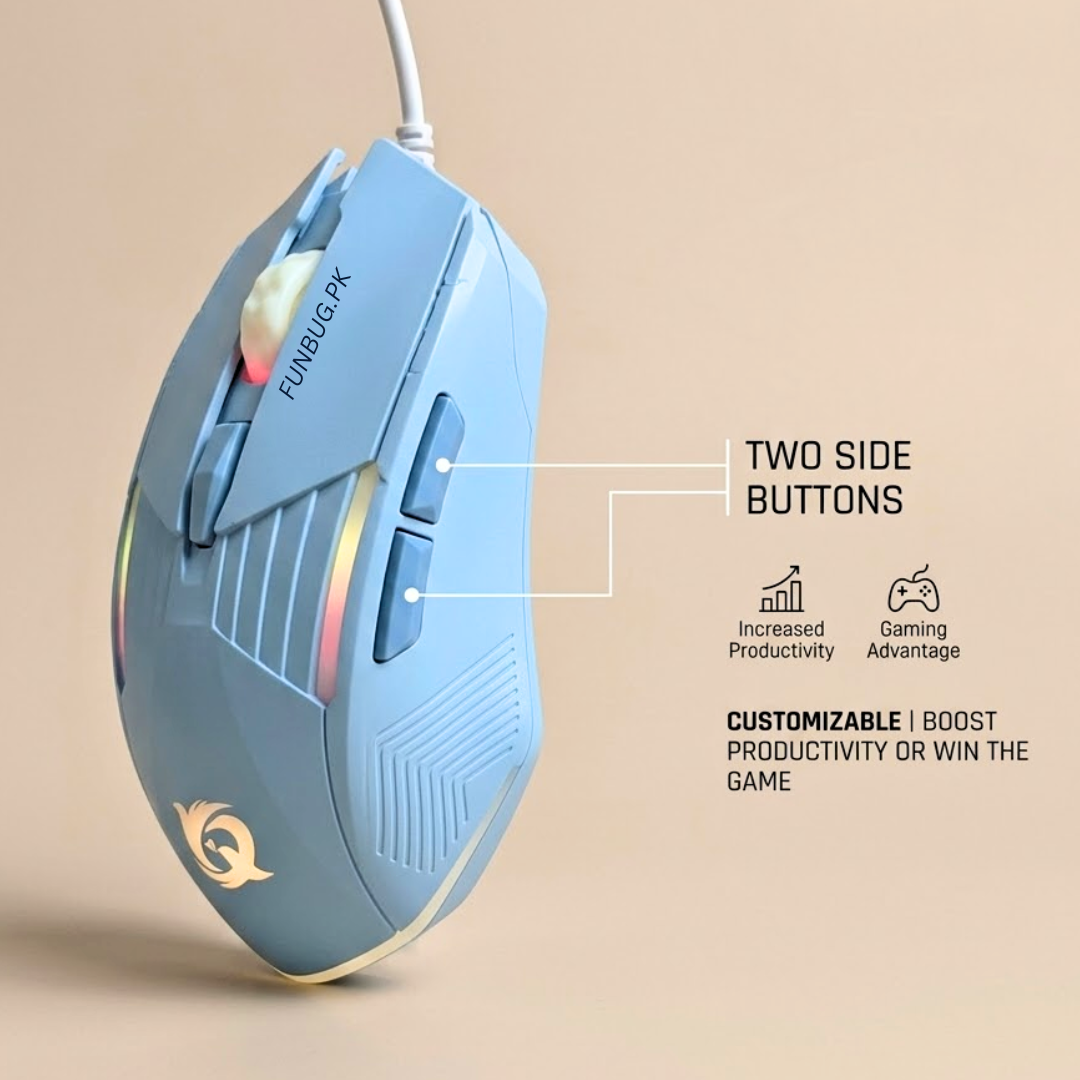 FunBug GX6 RGB Gaming Mouse – Sky Blue & Rose Gold