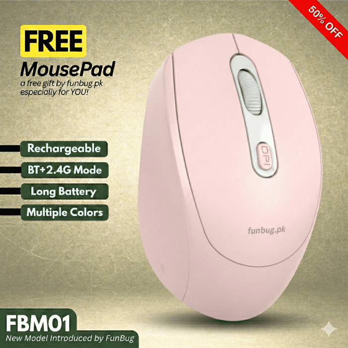 FM01 Rechargeable Wireless Mouse – Bluetooth & 2.4G – FunBug gaming mouse in Pakistan